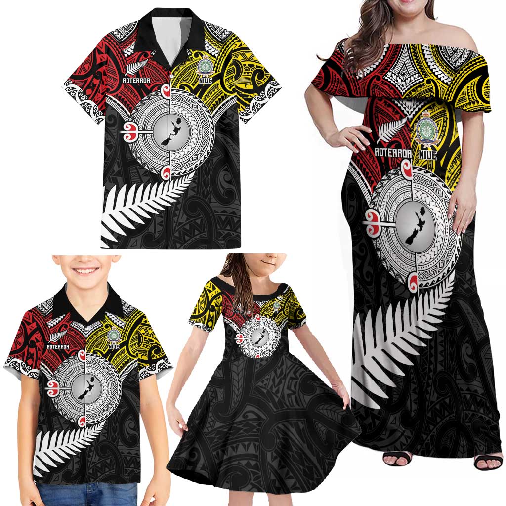 Aotearoa and Niue Mo Te Tiriti Family Matching Off Shoulder Maxi Dress and Hawaiian Shirt New Zealand Honour The Treaty Ake!Ake!Ake! LT9 - Polynesian Pride