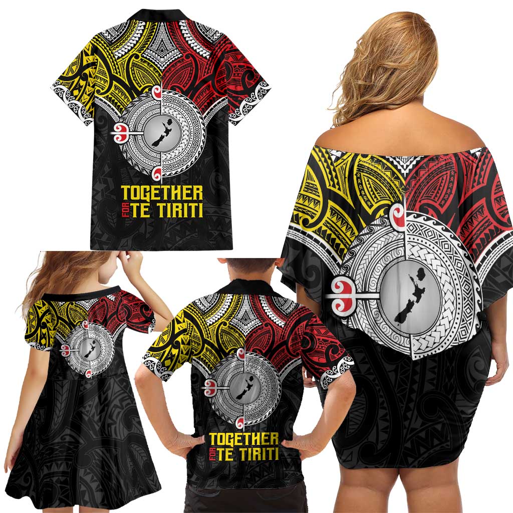 Aotearoa and Niue Mo Te Tiriti Family Matching Off Shoulder Short Dress and Hawaiian Shirt New Zealand Honour The Treaty Ake!Ake!Ake! LT9 - Polynesian Pride