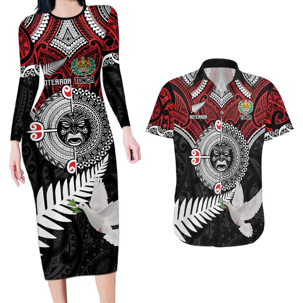 Aotearoa and Tonga Mo Te Tiriti Couples Matching Long Sleeve Bodycon Dress and Hawaiian Shirt New Zealand Honour The Treaty Ake!Ake!Ake! LT9 Red - Polynesian Pride