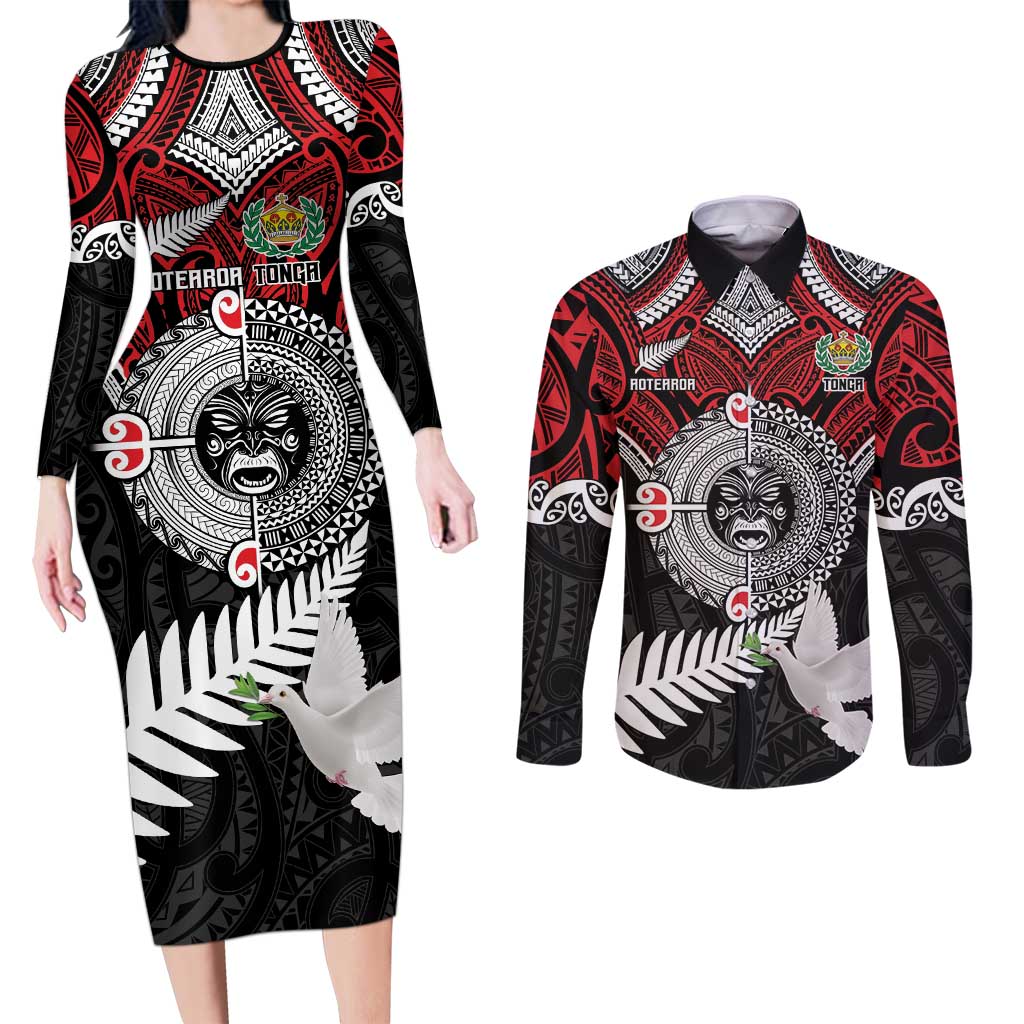 Aotearoa and Tonga Mo Te Tiriti Couples Matching Long Sleeve Bodycon Dress and Long Sleeve Button Shirt New Zealand Honour The Treaty Ake!Ake!Ake!