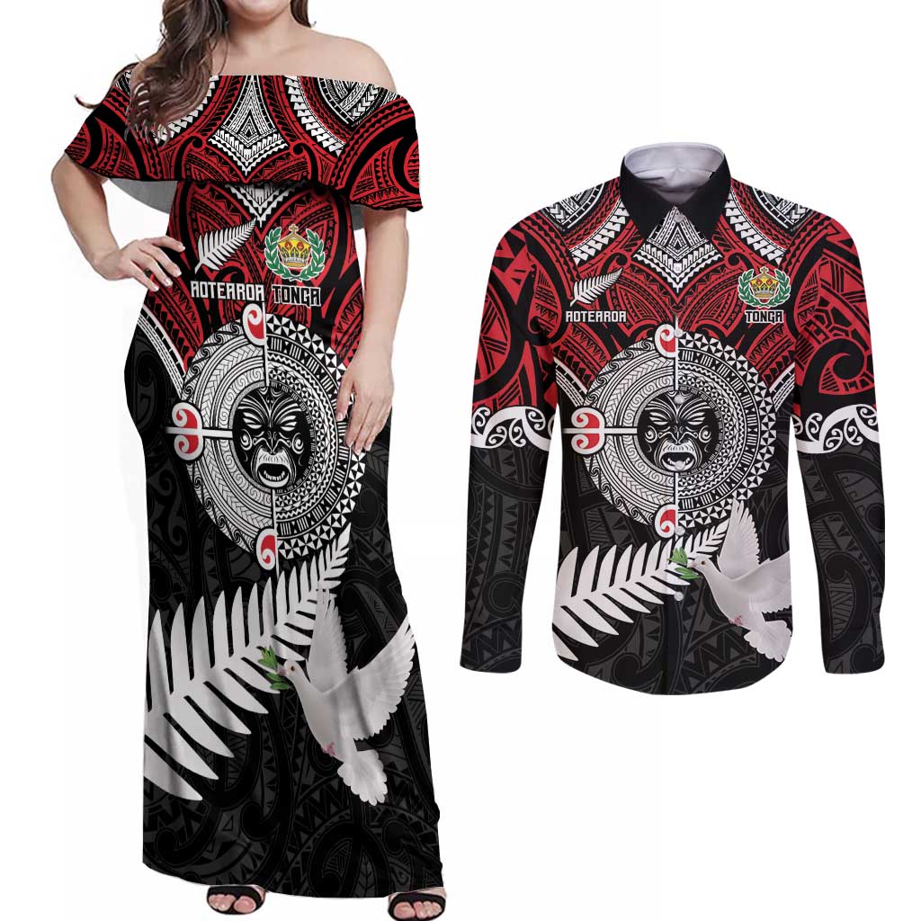 Aotearoa and Tonga Mo Te Tiriti Couples Matching Off Shoulder Maxi Dress and Long Sleeve Button Shirt New Zealand Honour The Treaty Ake!Ake!Ake! LT9 Red - Polynesian Pride