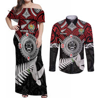 Aotearoa and Tonga Mo Te Tiriti Couples Matching Off Shoulder Maxi Dress and Long Sleeve Button Shirt New Zealand Honour The Treaty Ake!Ake!Ake! LT9 Red - Polynesian Pride