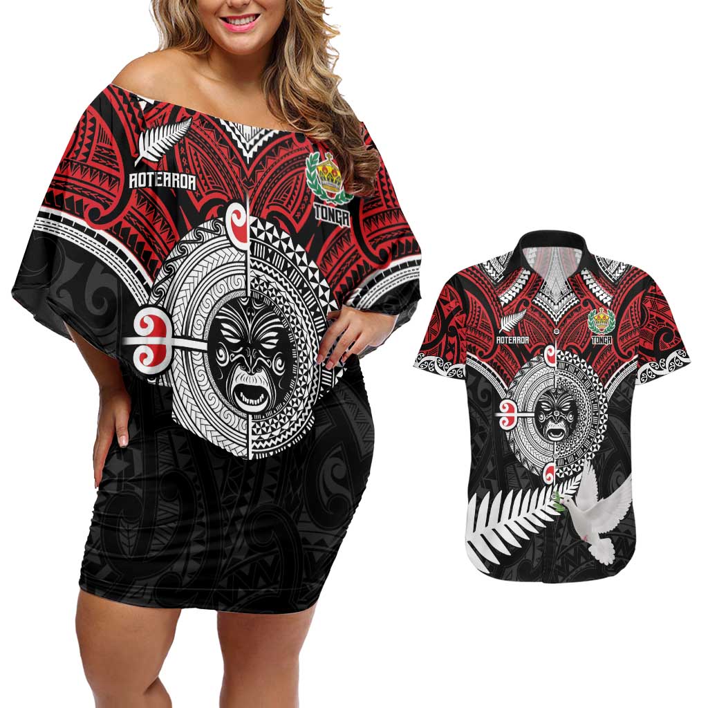 Aotearoa and Tonga Mo Te Tiriti Couples Matching Off Shoulder Short Dress and Hawaiian Shirt New Zealand Honour The Treaty Ake!Ake!Ake! LT9 Red - Polynesian Pride
