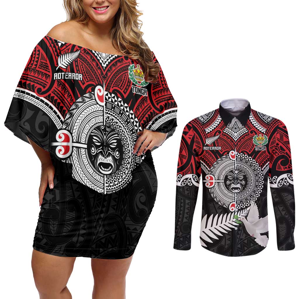 Aotearoa and Tonga Mo Te Tiriti Couples Matching Off Shoulder Short Dress and Long Sleeve Button Shirt New Zealand Honour The Treaty Ake!Ake!Ake! LT9 Red - Polynesian Pride