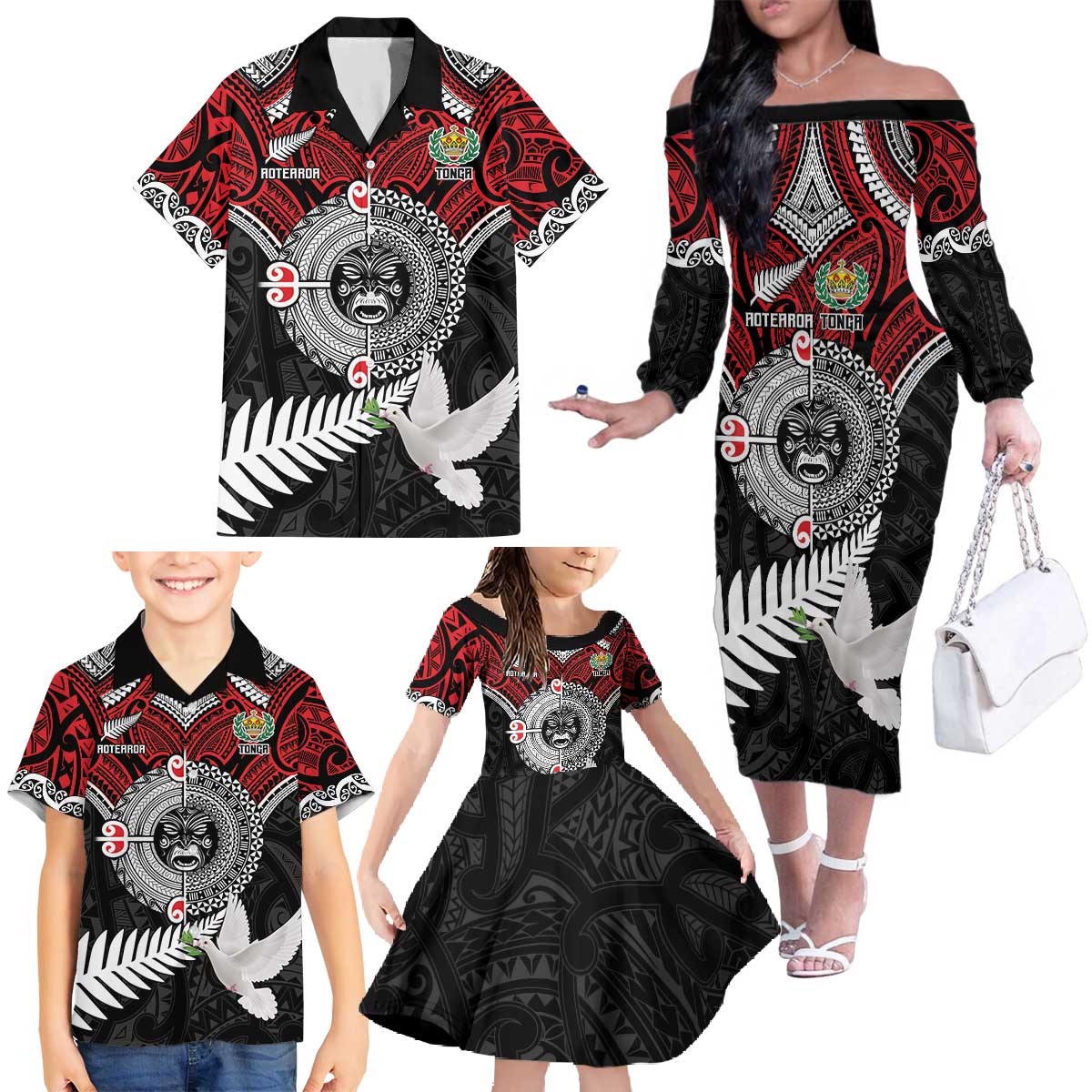 Aotearoa and Tonga Mo Te Tiriti Family Matching Off The Shoulder Long Sleeve Dress and Hawaiian Shirt New Zealand Honour The Treaty Ake!Ake!Ake! LT9 - Polynesian Pride