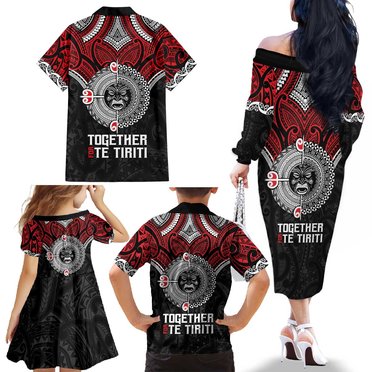 Aotearoa and Tonga Mo Te Tiriti Family Matching Off The Shoulder Long Sleeve Dress and Hawaiian Shirt New Zealand Honour The Treaty Ake!Ake!Ake! LT9 - Polynesian Pride