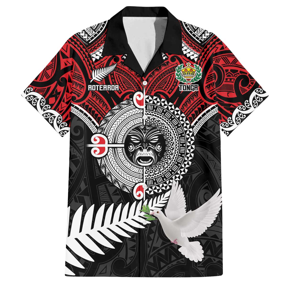 Aotearoa and Tonga Mo Te Tiriti Family Matching Off The Shoulder Long Sleeve Dress and Hawaiian Shirt New Zealand Honour The Treaty Ake!Ake!Ake! LT9 Dad's Shirt - Short Sleeve Red - Polynesian Pride