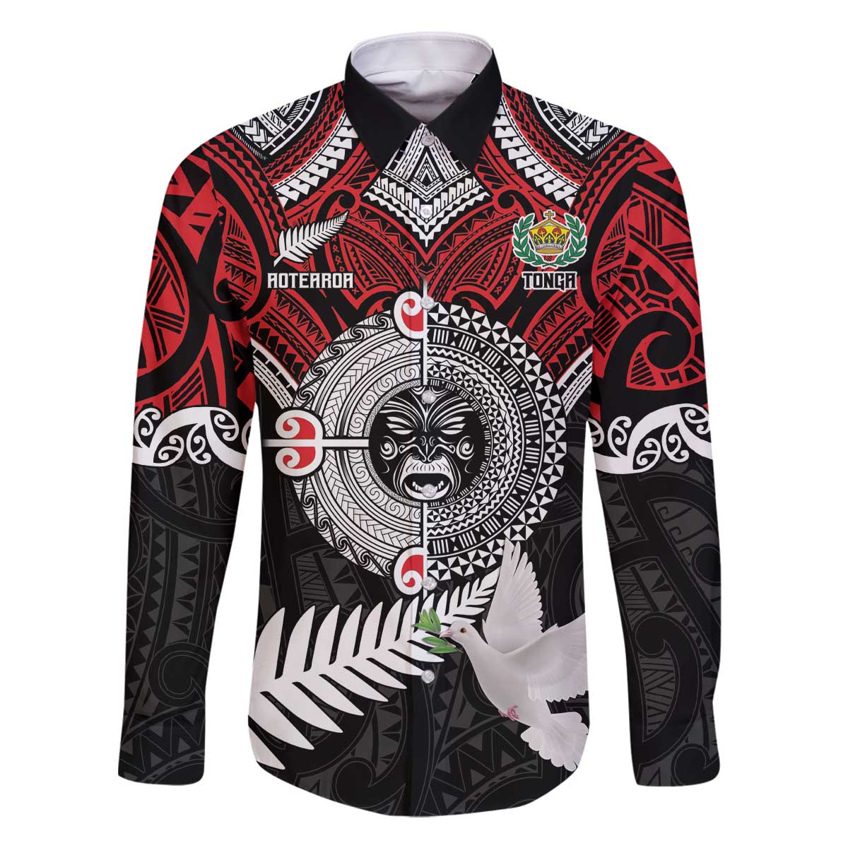 Aotearoa and Tonga Mo Te Tiriti Family Matching Off The Shoulder Long Sleeve Dress and Hawaiian Shirt New Zealand Honour The Treaty Ake!Ake!Ake! LT9 Dad's Shirt - Long Sleeve Red - Polynesian Pride
