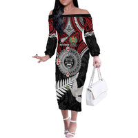 Aotearoa and Tonga Mo Te Tiriti Family Matching Off The Shoulder Long Sleeve Dress and Hawaiian Shirt New Zealand Honour The Treaty Ake!Ake!Ake! LT9 Mom's Dress Red - Polynesian Pride