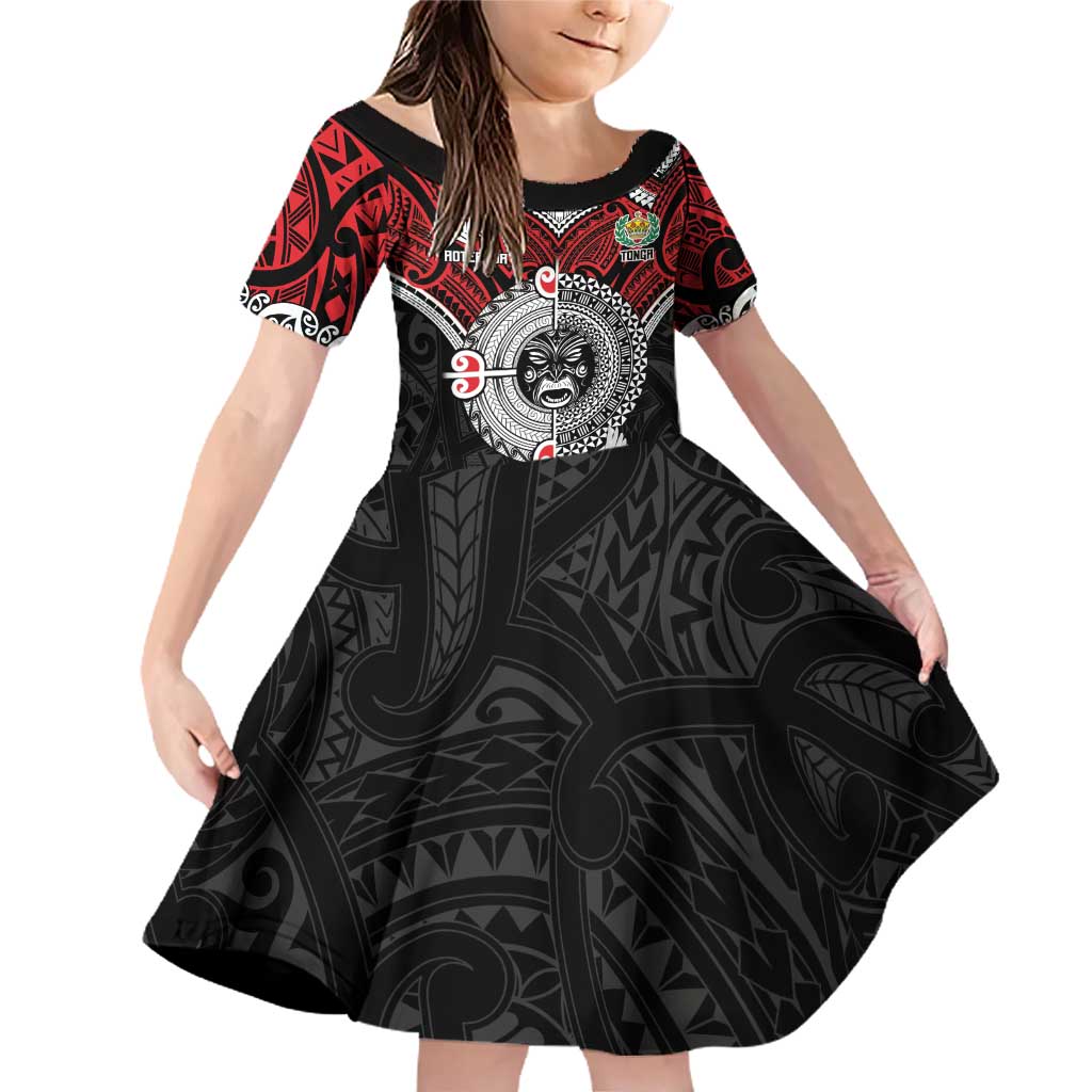 Aotearoa and Tonga Mo Te Tiriti Family Matching Off Shoulder Short Dress and Hawaiian Shirt New Zealand Honour The Treaty Ake!Ake!Ake! LT9 Daughter's Dress Red - Polynesian Pride