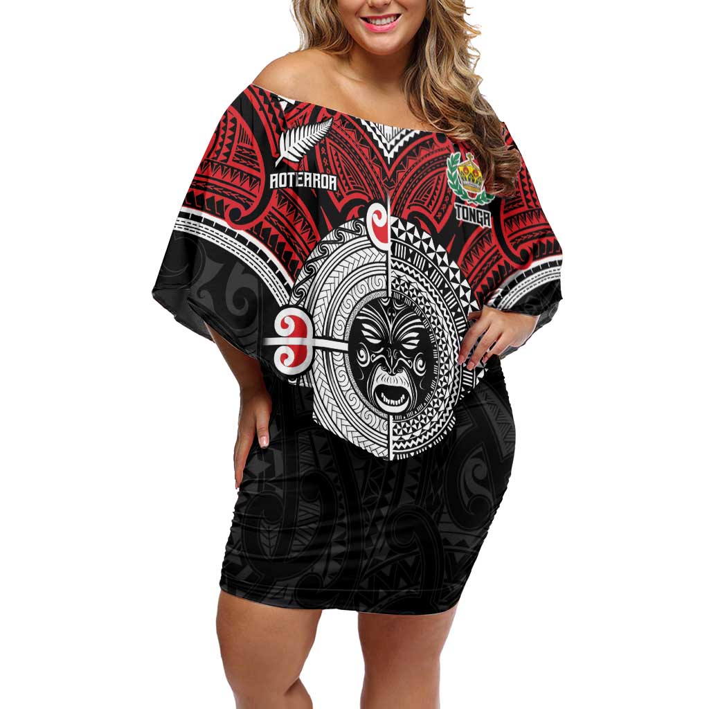 Aotearoa and Tonga Mo Te Tiriti Family Matching Off Shoulder Short Dress and Hawaiian Shirt New Zealand Honour The Treaty Ake!Ake!Ake! LT9 Mom's Dress Red - Polynesian Pride