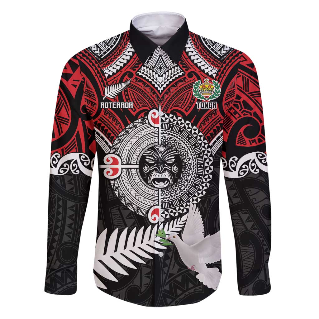 Aotearoa and Tonga Mo Te Tiriti Family Matching Puletasi and Hawaiian Shirt New Zealand Honour The Treaty Ake!Ake!Ake! LT9 Dad's Shirt - Long Sleeve Red - Polynesian Pride