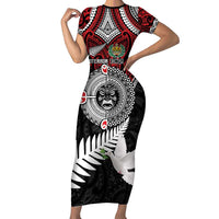 Aotearoa and Tonga Mo Te Tiriti Short Sleeve Bodycon Dress New Zealand Honour The Treaty Ake!Ake!Ake! LT9 Long Dress Red - Polynesian Pride