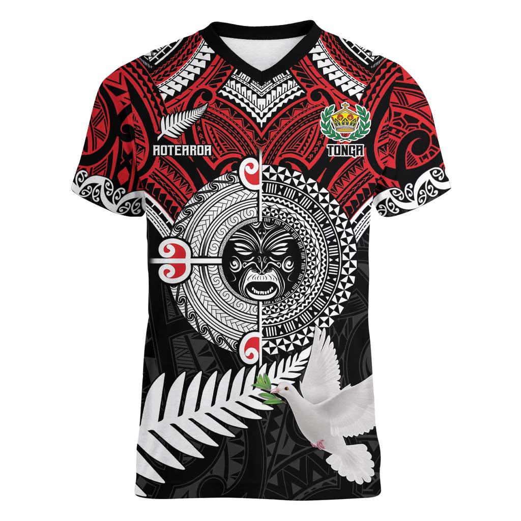 Aotearoa and Tonga Mo Te Tiriti Women V-Neck T-Shirt New Zealand Honour The Treaty Ake!Ake!Ake!