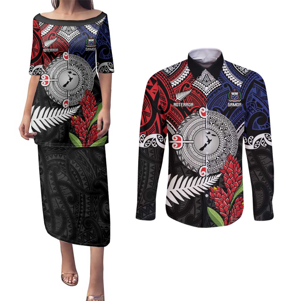Aotearoa and Samoa Mo Te Tiriti Couples Matching Puletasi and Long Sleeve Button Shirt Tangata Moana Stand with Tangata Whenua