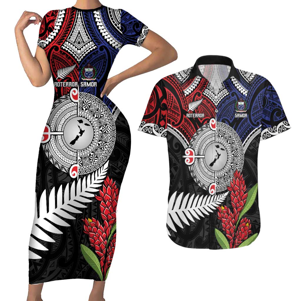 Aotearoa and Samoa Mo Te Tiriti Couples Matching Short Sleeve Bodycon Dress and Hawaiian Shirt Tangata Moana Stand with Tangata Whenua LT9 Blue - Polynesian Pride