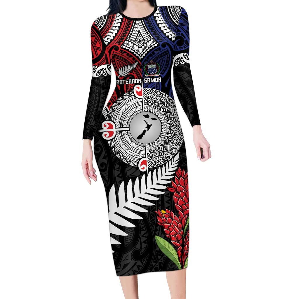 Aotearoa and Samoa Mo Te Tiriti Family Matching Long Sleeve Bodycon Dress and Hawaiian Shirt Tangata Moana Stand with Tangata Whenua LT9 Mom's Dress Blue - Polynesian Pride