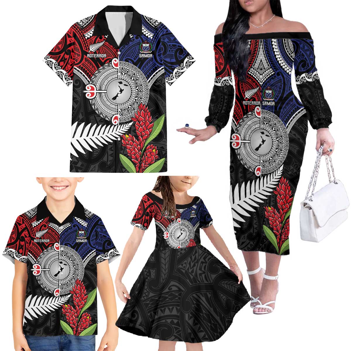 Aotearoa and Samoa Mo Te Tiriti Family Matching Off The Shoulder Long Sleeve Dress and Hawaiian Shirt Tangata Moana Stand with Tangata Whenua LT9 - Polynesian Pride