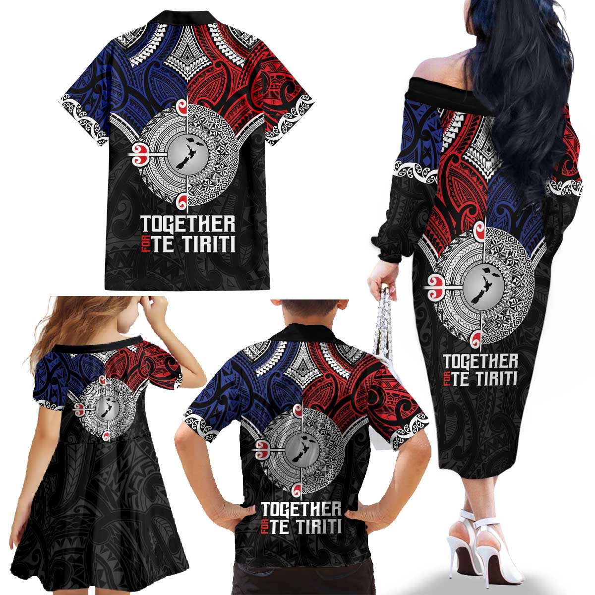 Aotearoa and Samoa Mo Te Tiriti Family Matching Off The Shoulder Long Sleeve Dress and Hawaiian Shirt Tangata Moana Stand with Tangata Whenua LT9 - Polynesian Pride
