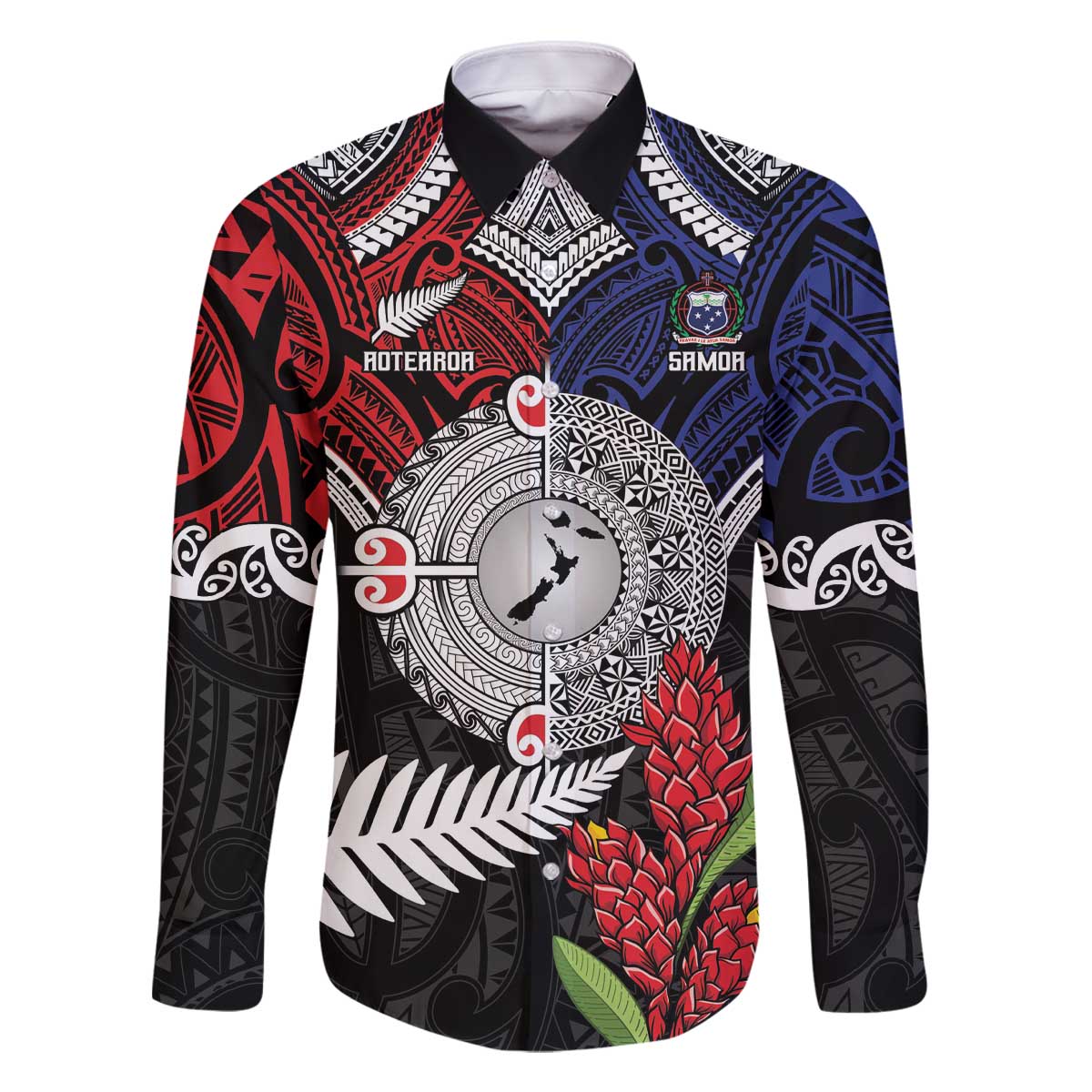Aotearoa and Samoa Mo Te Tiriti Family Matching Off The Shoulder Long Sleeve Dress and Hawaiian Shirt Tangata Moana Stand with Tangata Whenua LT9 Dad's Shirt - Long Sleeve Blue - Polynesian Pride