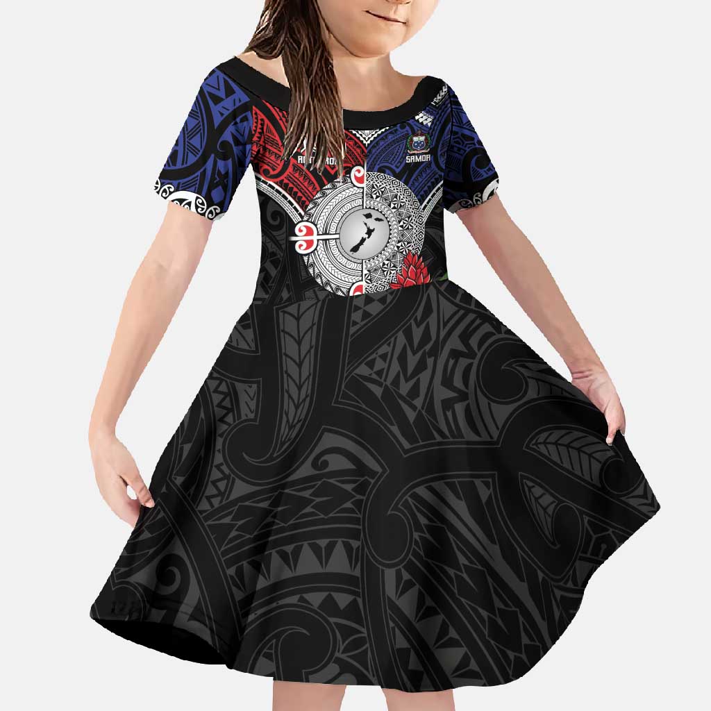 Aotearoa and Samoa Mo Te Tiriti Family Matching Off Shoulder Maxi Dress and Hawaiian Shirt Tangata Moana Stand with Tangata Whenua LT9 Daughter's Dress Blue - Polynesian Pride