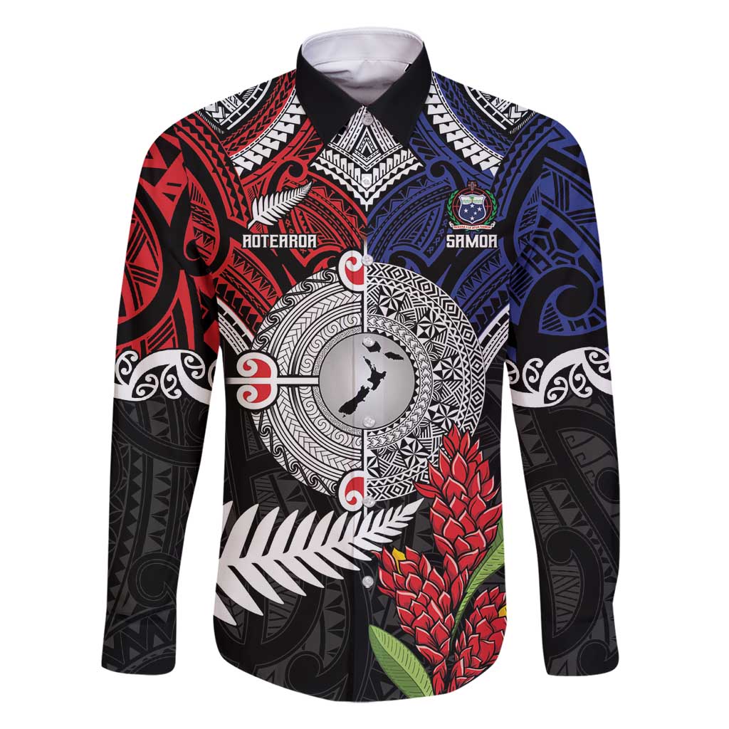 Aotearoa and Samoa Mo Te Tiriti Family Matching Off Shoulder Short Dress and Hawaiian Shirt Tangata Moana Stand with Tangata Whenua LT9 Dad's Shirt - Long Sleeve Blue - Polynesian Pride