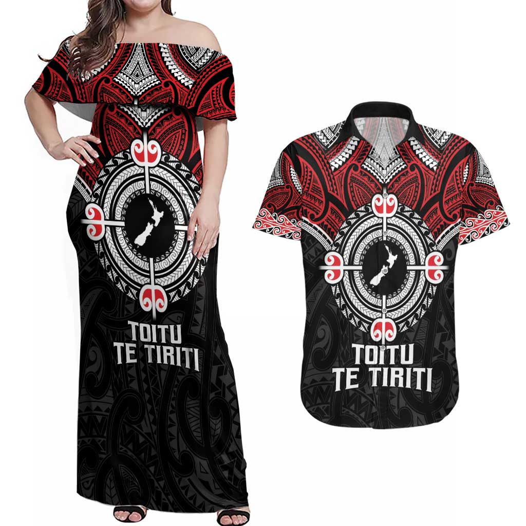 Aotearoa Proud To Be Maori Couples Matching Off Shoulder Maxi Dress and Hawaiian Shirt New Zealand Fight Together LT9 Red - Polynesian Pride