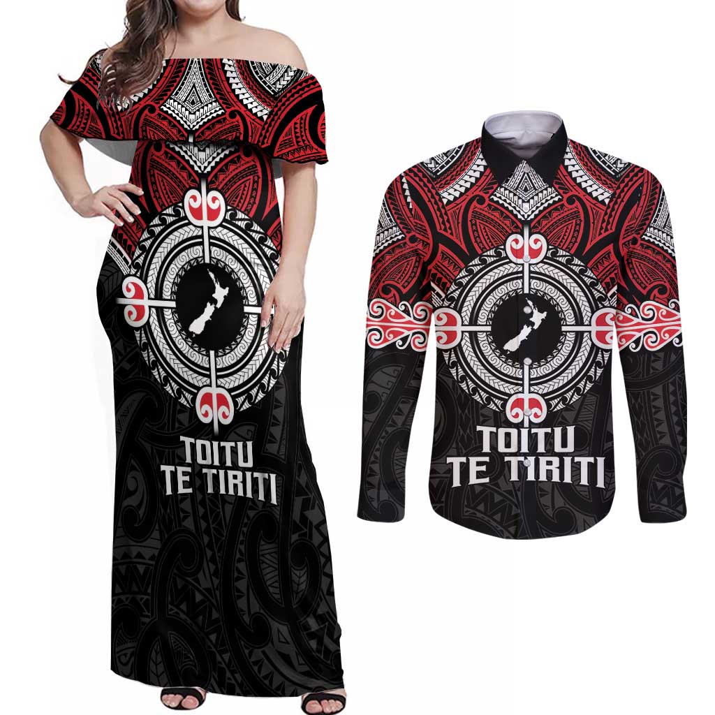 Aotearoa Proud To Be Maori Couples Matching Off Shoulder Maxi Dress and Long Sleeve Button Shirt New Zealand Fight Together
