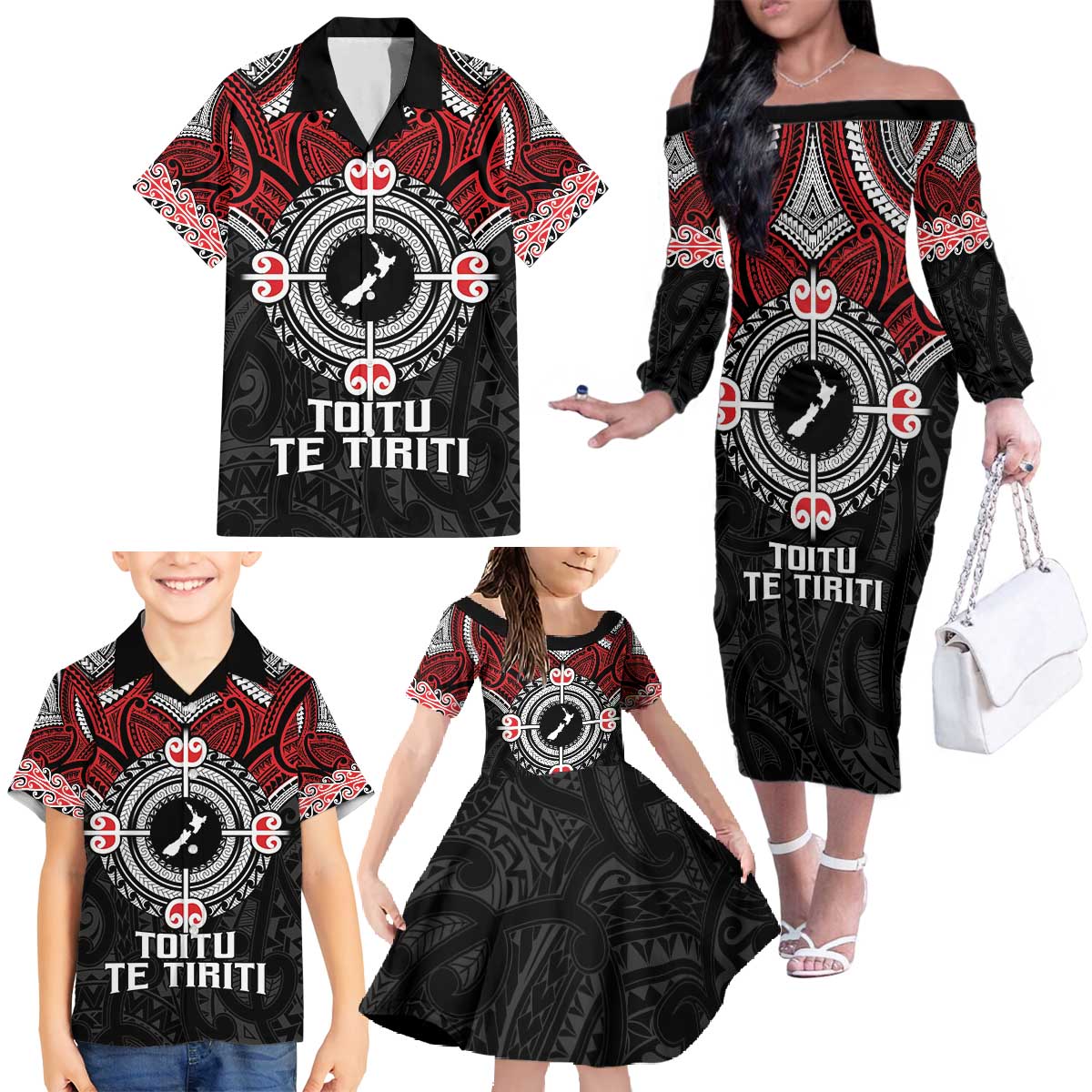 Aotearoa Proud To Be Maori Family Matching Off The Shoulder Long Sleeve Dress and Hawaiian Shirt New Zealand Fight Together LT9 - Polynesian Pride
