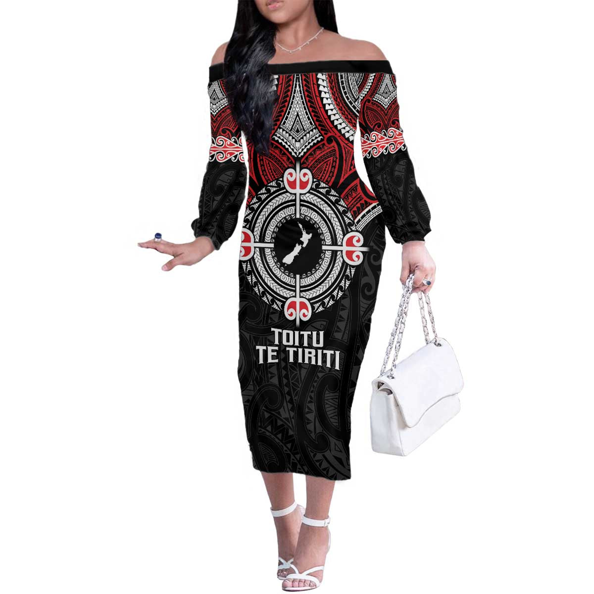 Aotearoa Proud To Be Maori Family Matching Off The Shoulder Long Sleeve Dress and Hawaiian Shirt New Zealand Fight Together LT9 Mom's Dress Red - Polynesian Pride