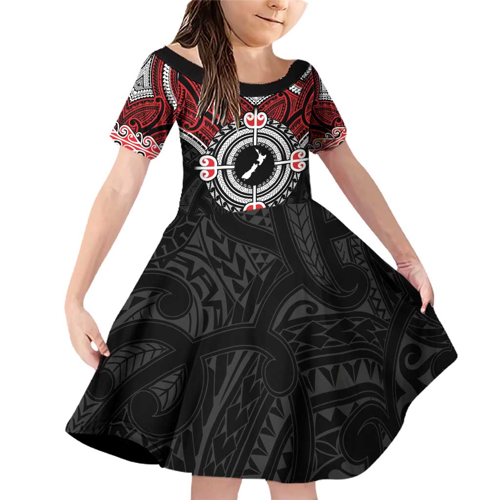 Aotearoa Proud To Be Maori Family Matching Off Shoulder Short Dress and Hawaiian Shirt New Zealand Fight Together LT9 Daughter's Dress Red - Polynesian Pride