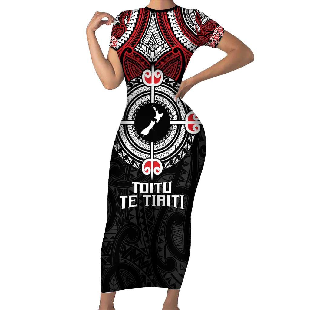 Aotearoa Proud To Be Maori Short Sleeve Bodycon Dress New Zealand Fight Together LT9 Long Dress Red - Polynesian Pride