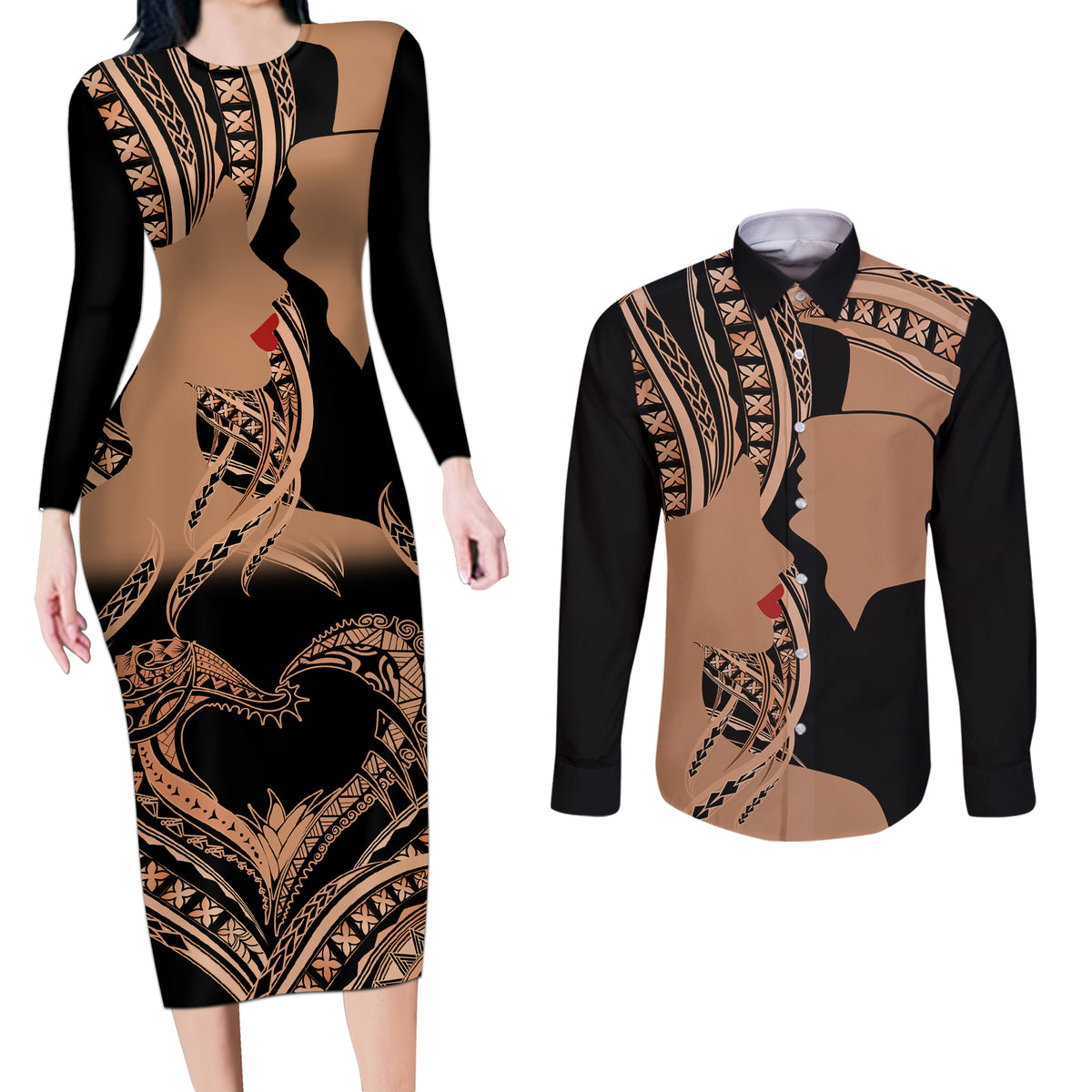 Personalised Valentines Day Romantic Lovers Couples Matching Long Sleeve Bodycon Dress and Long Sleeve Button Shirt LT9 Gold - Polynesian Pride