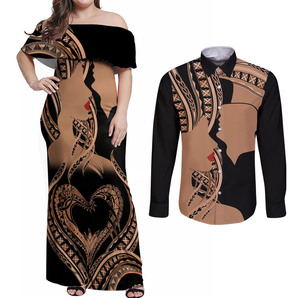 Personalised Valentines Day Romantic Lovers Couples Matching Off Shoulder Maxi Dress and Long Sleeve Button Shirt LT9 Gold - Polynesian Pride