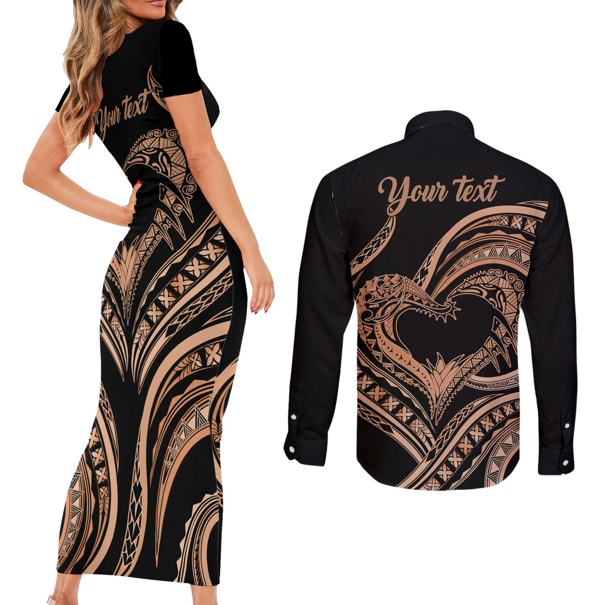 Personalised Valentines Day Romantic Lovers Couples Matching Short Sleeve Bodycon Dress and Long Sleeve Button Shirt LT9 - Polynesian Pride