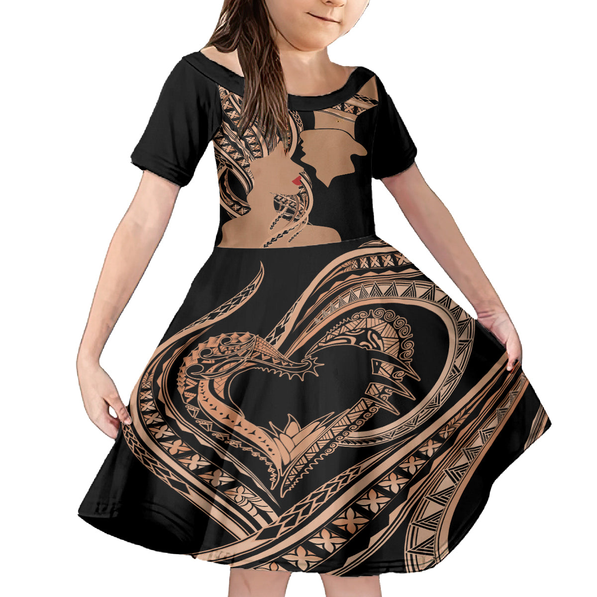 Personalised Valentines Day Romantic Lovers Family Matching Off Shoulder Short Dress and Hawaiian Shirt LT9 Daughter's Dress Gold - Polynesian Pride