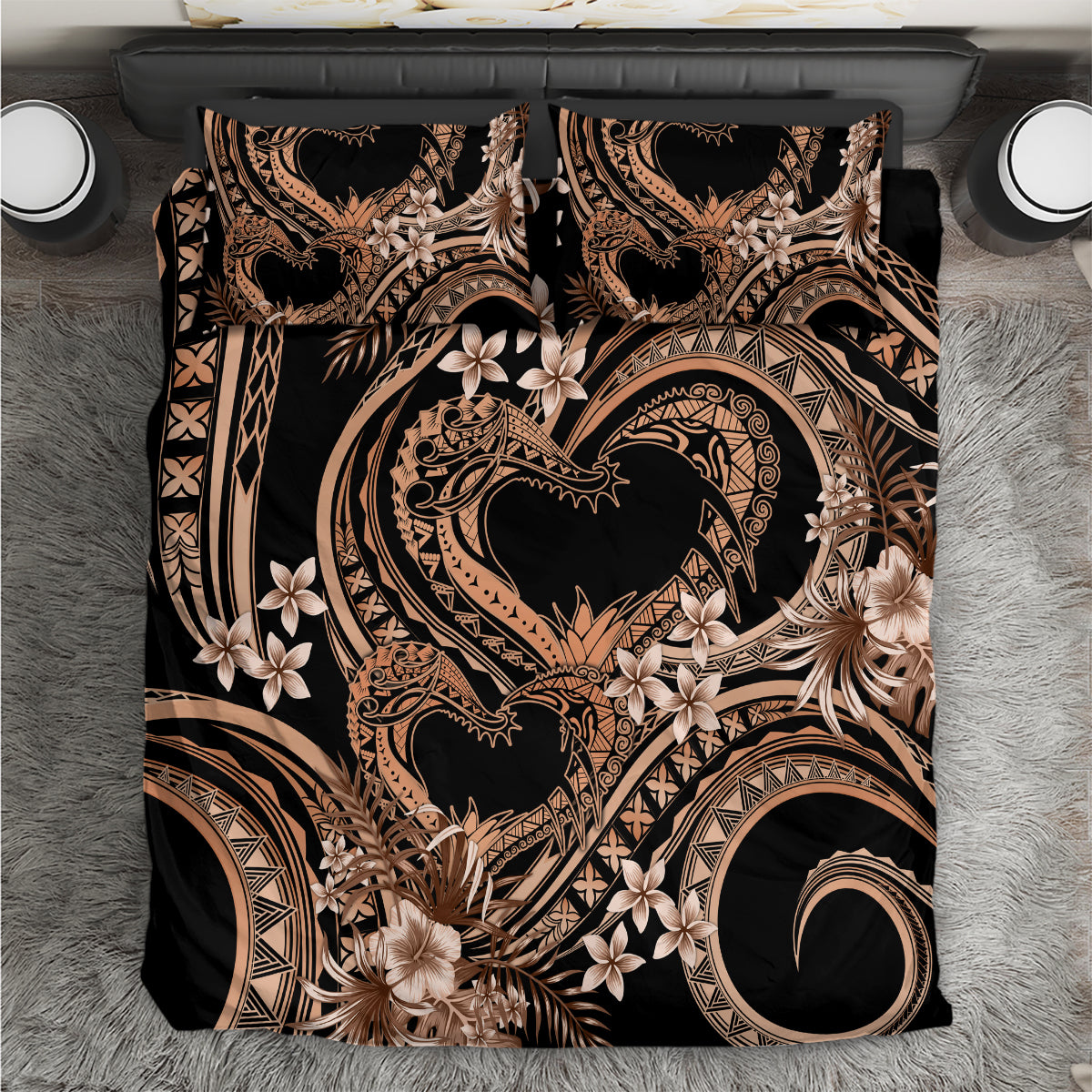 Polynesia Valentines Day Forever In My Heart Tattoo Bedding Set Gold Style LT9 Gold - Polynesian Pride