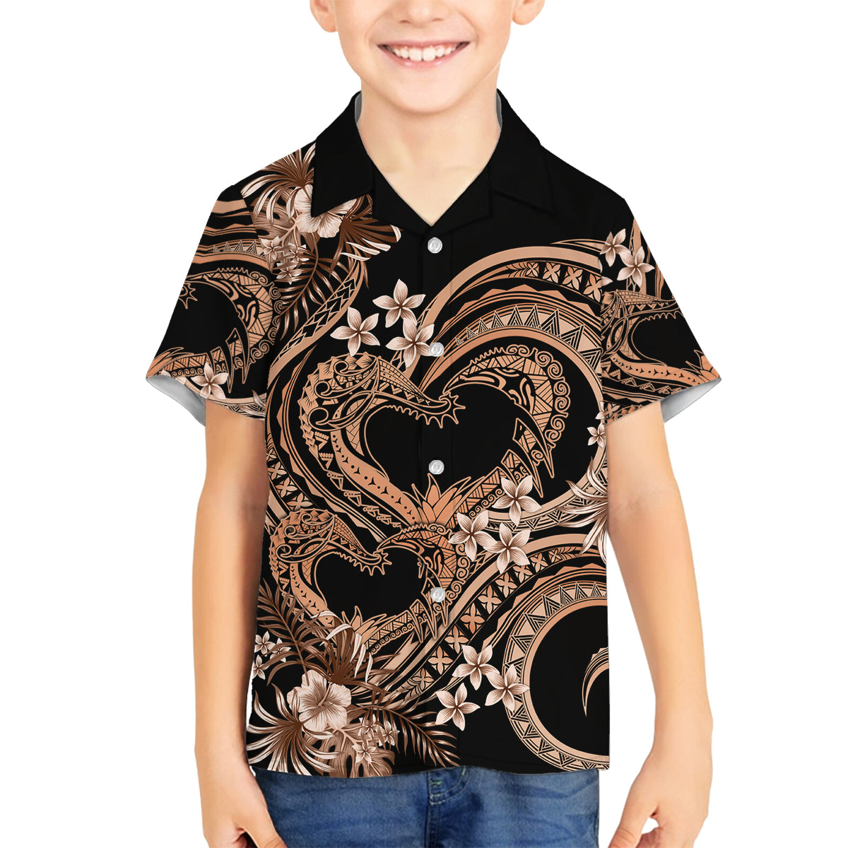 Polynesia Valentines Day Forever In My Heart Tattoo Family Matching Off Shoulder Short Dress and Hawaiian Shirt Gold Style LT9 Son's Shirt Gold - Polynesian Pride
