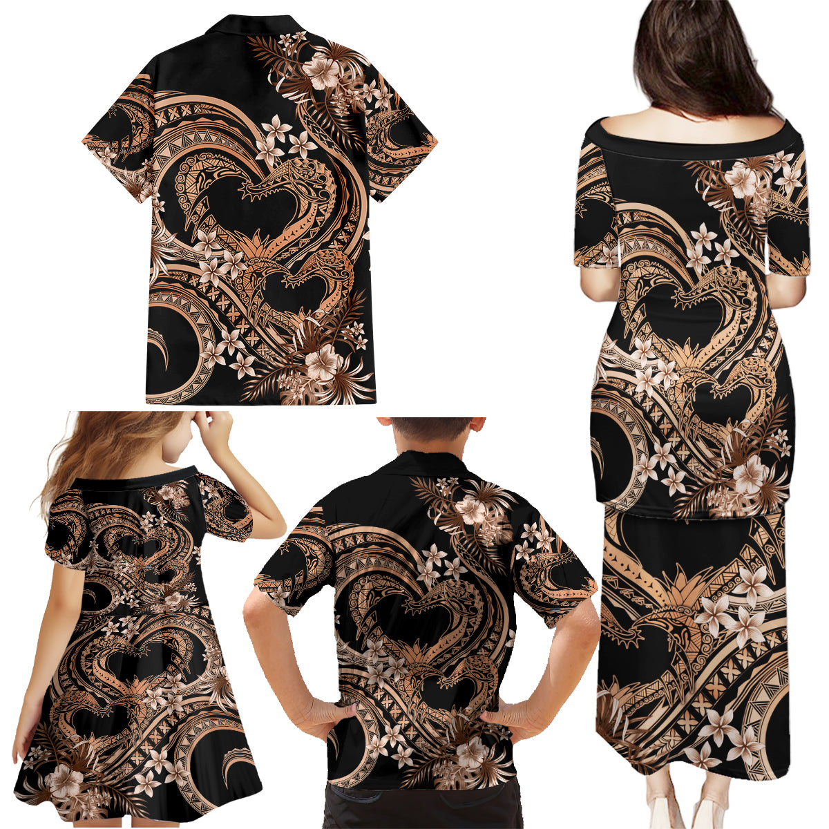 Polynesia Valentines Day Forever In My Heart Tattoo Family Matching Puletasi and Hawaiian Shirt Gold Style LT9 - Polynesian Pride