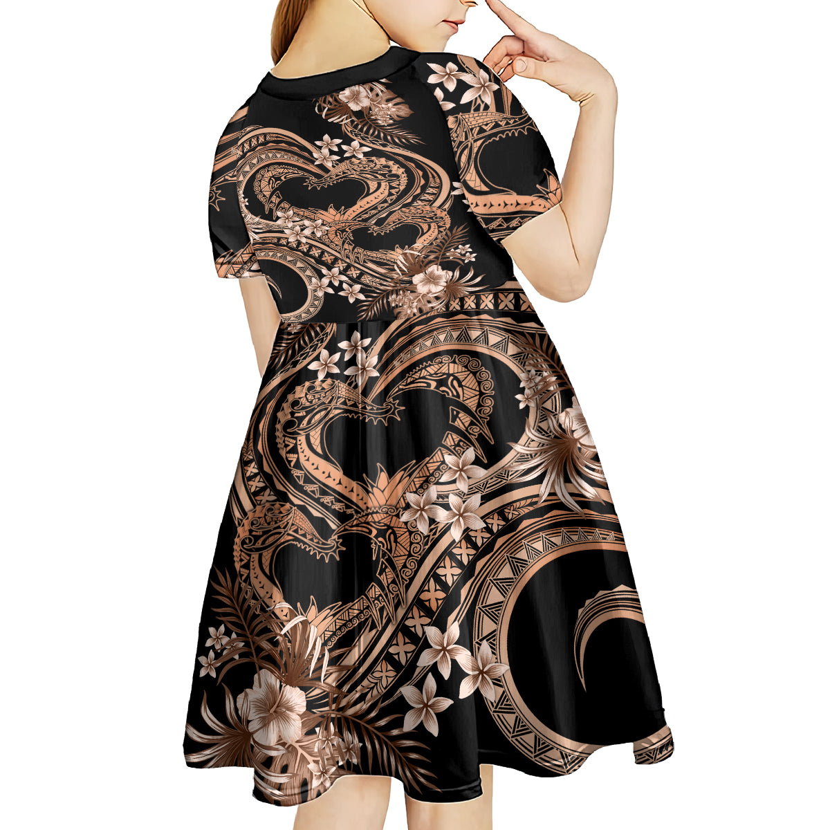 Polynesia Valentines Day Forever In My Heart Tattoo Kid Short Sleeve Dress Gold Style LT9 - Polynesian Pride