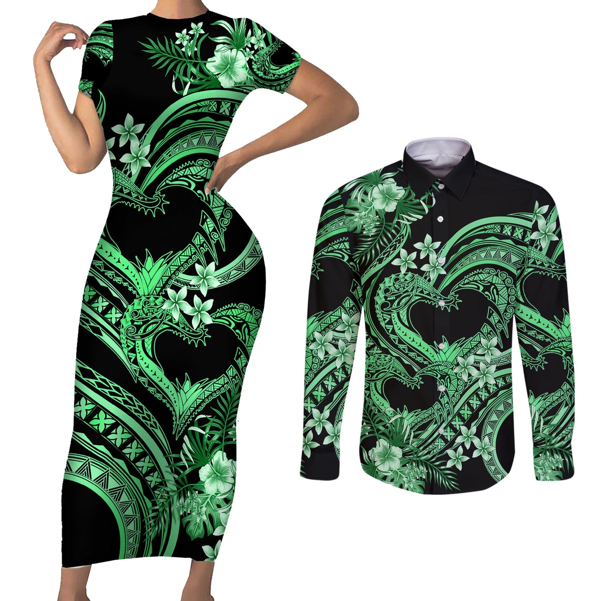 Polynesia Valentines Day Forever In My Heart Tattoo Couples Matching Short Sleeve Bodycon Dress and Long Sleeve Button Shirt Green Style LT9 Green - Polynesian Pride