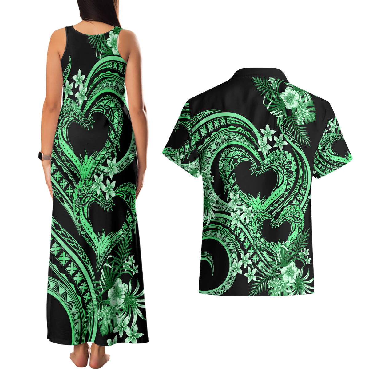 Polynesia Valentines Day Forever In My Heart Tattoo Couples Matching Tank Maxi Dress and Hawaiian Shirt Green Style LT9 - Polynesian Pride