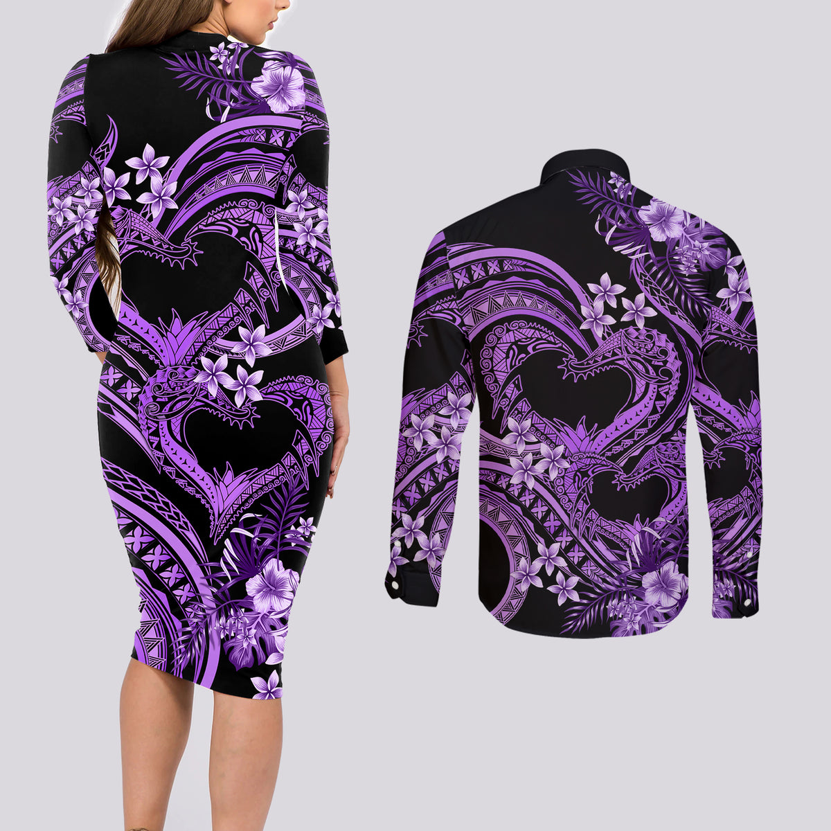 Polynesia Valentines Day Forever In My Heart Tattoo Couples Matching Long Sleeve Bodycon Dress and Long Sleeve Button Shirt Purple Style LT9 - Polynesian Pride