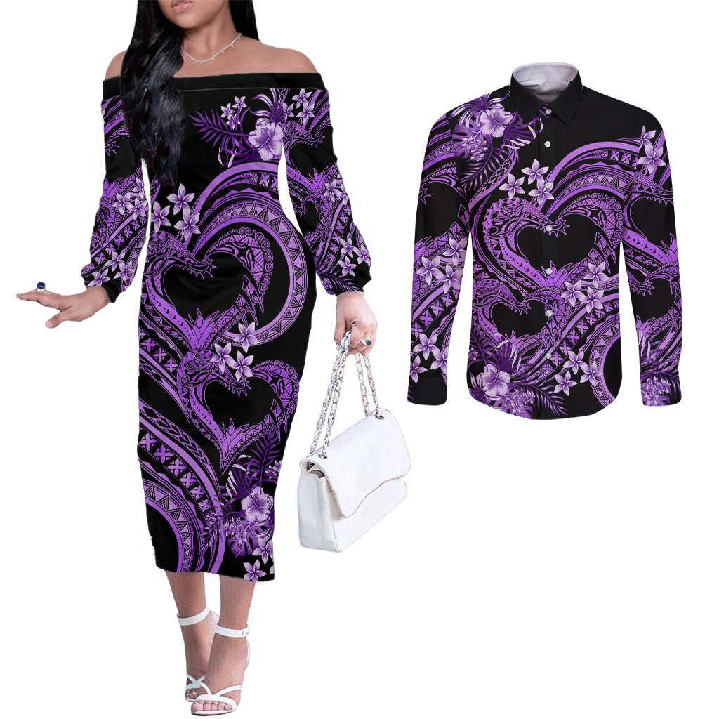 Polynesia Valentines Day Forever In My Heart Tattoo Couples Matching Off The Shoulder Long Sleeve Dress and Long Sleeve Button Shirt Purple Style LT9 Purple - Polynesian Pride