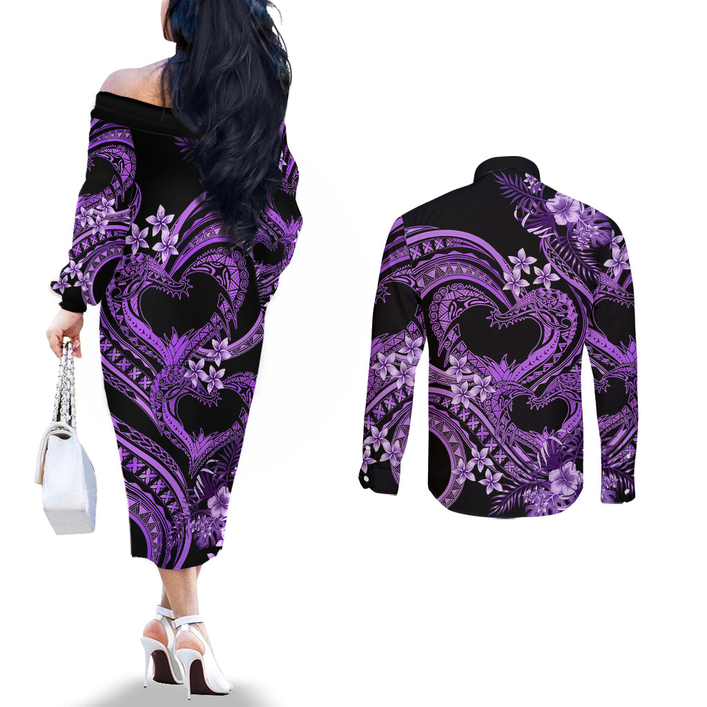 Polynesia Valentines Day Forever In My Heart Tattoo Couples Matching Off The Shoulder Long Sleeve Dress and Long Sleeve Button Shirt Purple Style LT9 - Polynesian Pride