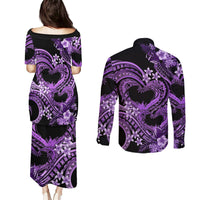 Polynesia Valentines Day Forever In My Heart Tattoo Couples Matching Puletasi and Long Sleeve Button Shirt Purple Style LT9 - Polynesian Pride