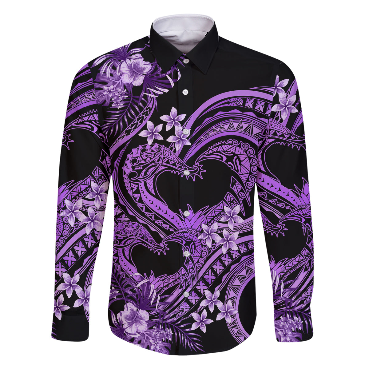 Polynesia Valentines Day Forever In My Heart Tattoo Family Matching Mermaid Dress and Hawaiian Shirt Purple Style LT9 Dad's Shirt - Long Sleeve Purple - Polynesian Pride
