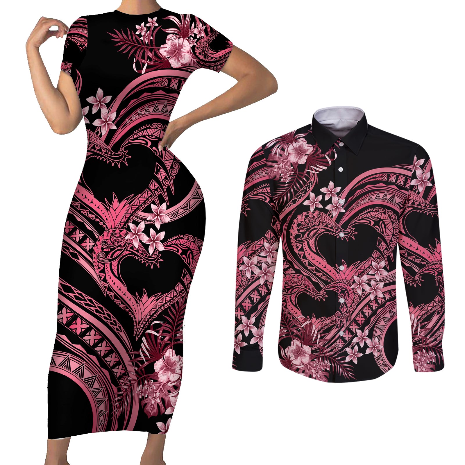 Polynesia Valentines Day Forever In My Heart Tattoo Couples Matching Short Sleeve Bodycon Dress and Long Sleeve Button Shirt Pink Style LT9 Pink - Polynesian Pride