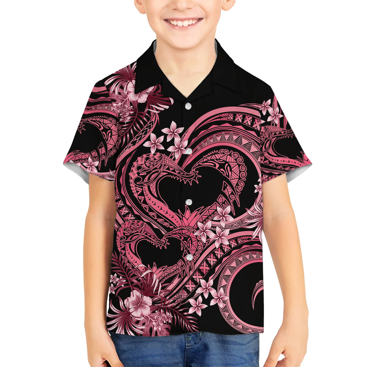 Polynesia Valentines Day Forever In My Heart Tattoo Family Matching Off Shoulder Long Sleeve Dress and Hawaiian Shirt Pink Style LT9 Son's Shirt Pink - Polynesian Pride
