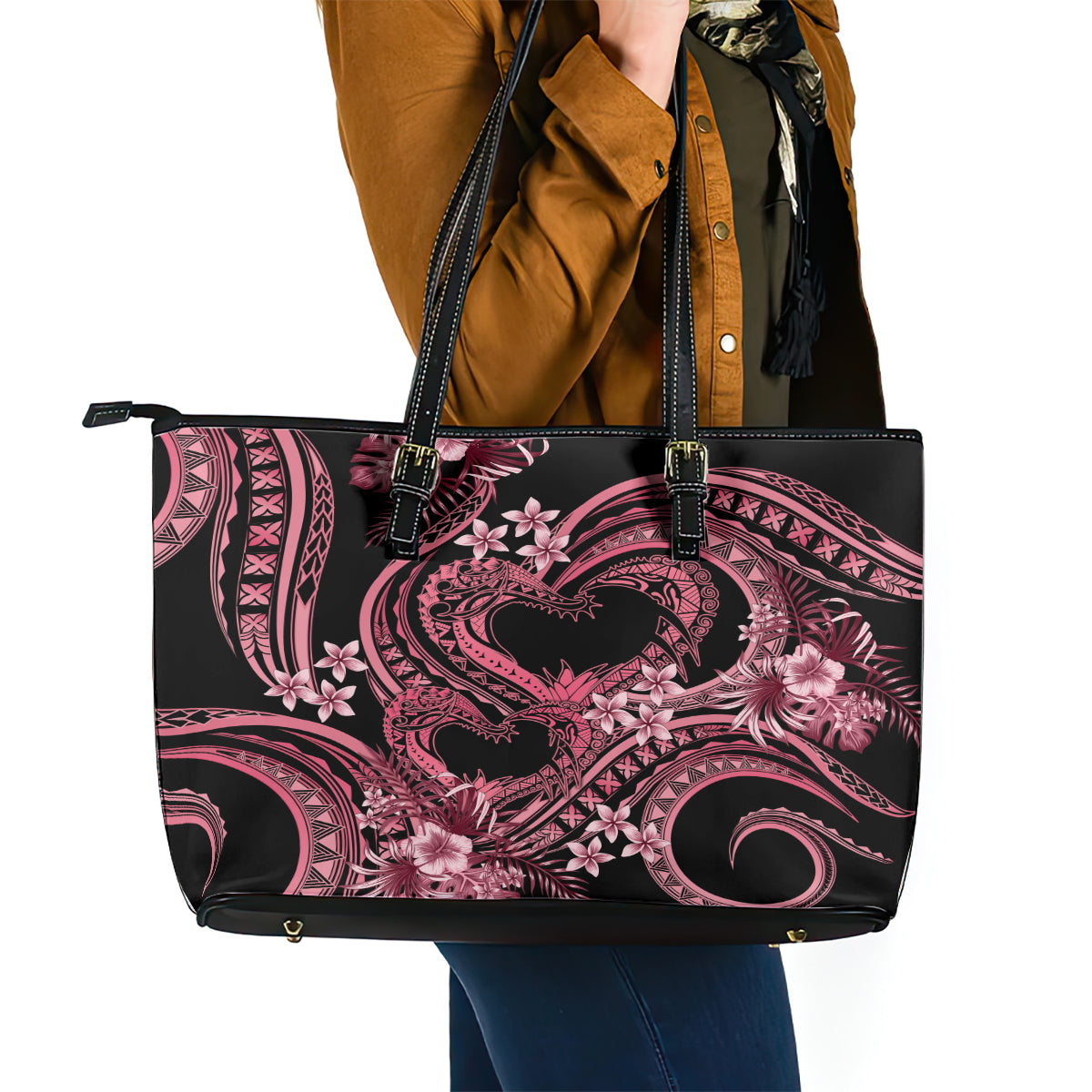 Polynesia Valentines Day Forever In My Heart Tattoo Leather Tote Bag Pink Style LT9 - Polynesian Pride